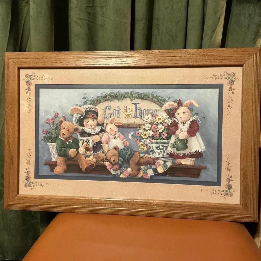 Vintage Framed God Bless Our Home Print Barbara Mock Country Cottage 90s Cozy